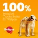 Zwei verspielte gelbe Labradorwelpen auf einem leuchtend orangefarbenen Hintergrund mit "100% komplett Trockenfutter für Welpen" und dem Pedigree-Logo.