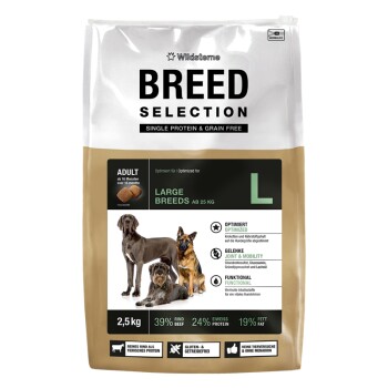 Tüte Wildsterne ‚BREED SELECTION‘ Hundefutter — Single Protein & getreidefrei, Large Breeds L (Adult), 2,5 kg, 39% Rind, 24% Protein.