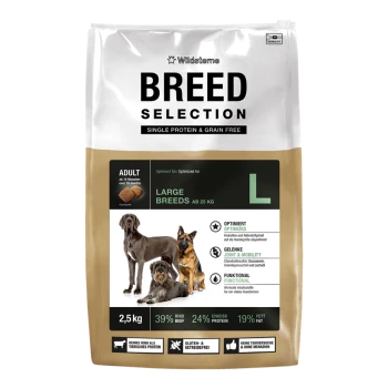Tüte Wildsterne ‚BREED SELECTION‘ Hundefutter — Single Protein & getreidefrei, Large Breeds L (Adult), 2,5 kg, 39% Rind, 24% Protein.