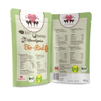 Adult 15x100g Bio Rind Tierfutterverpackung mit "Katzenliebe Bio-Rind" und Zutaten wie Quinoa und Gemüse, gekennzeichnet als glutenfrei und biologisch.
