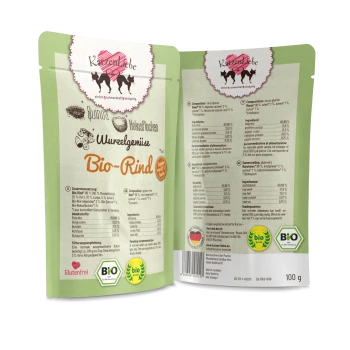 Emballage de nourriture pour animaux de compagnie avec "Katzenliebe Bio-Rind" contenant des ingrédients comme le quinoa et des légumes, étiqueté sans gluten et bio.