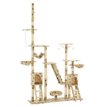Katzenbaum mit mehreren Ebenen, Hängematten und Kratzpfosten, in beige mit schwarzen Pfotenabdruckmustern.