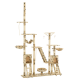 Katzenbaum mit mehreren Ebenen, Hängematten und Kratzpfosten, in beige mit schwarzen Pfotenabdruckmustern.