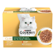 Boîte de nourriture pour chats Purina Gourmet Gold avec chat blanc à poil long, étiquette 'Délices succulents' et bol de nourriture humide effilochée