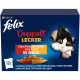 Felix Doppelt Lecker Katzenfutterbox mit schwarz-weißem Kater, 12 Packungen, Geschmacksrichtungen in Gelee, deutscher Text.