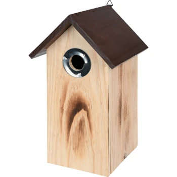 Wooden birdhouse with a brown slanted roof and a circular entrance hole, designed for outdoor use.