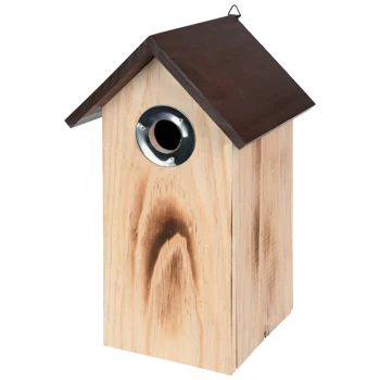 Wooden birdhouse with a brown slanted roof and a circular entrance hole, designed for outdoor use.