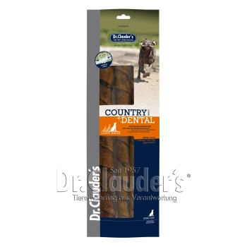 Dr. Clauder's Country Dental-Kauartikel für große Rassen, mit einem Hund, der auf der Verpackung läuft, beschriftet mit "High Premium" und "Dental Care."