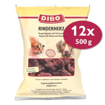 Frostfutter Rinderherz 12x500 g Gefrorenes Rinderherz-Haustierfutter für Hunde und Katzen, mit einer Katze und einem Hund auf der Verpackung, beschriftet 'DIBO Rinderherz' und '12x 500 g.'