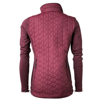 Bordeaux gesteppte Weste mit langen Ärmeln, mit hohem Kragen und Reißverschlusstaschen an den Seiten, von hinten betrachtet.