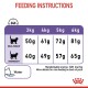 Feeding instructions chart for cats, showing ideal and overweight weight guidelines with corresponding food amounts in grams for 3kg to 6kg cats.