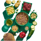 Ein grüner Hintergrund zeigt eine Schüssel mit Haustierfutter mit Fleisch und Gemüse, umgeben von gewürfelten Kartoffeln, Zucchini, einem Apfel und Öl.