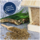 Holz-Vogelfutterspender gefüllt mit Samen, ein Holzlöffel neben verschütteten Samen und grünem Gras im Hintergrund. Text: "Ideal als Vogelfutter-Ergänzung."