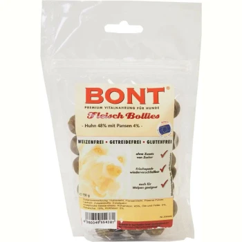 Transparenter BONT Fleisch Bollies Hundesnack-Beutel; Huhn 48% mit Pansen 4%; weizen-/getreide-/glutenfrei; sichtbare braune mundgerechte Bällchen.