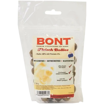 Transparenter BONT Fleisch Bollies Hundesnack-Beutel; Huhn 48% mit Pansen 4%; weizen-/getreide-/glutenfrei; sichtbare braune mundgerechte Bällchen.