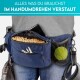 Eine Person mit einer blauen Bauchtasche hält Hundeleckerlis, ein Smartphone, Schlüssel, einen Tennisball und eine Leine. Der Text oben lautet "ALLES, WAS DU BRAUCHST, IN EINEM DREH GESPEICHERT."