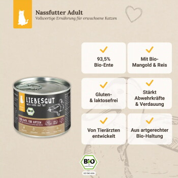 Liebesgut Nassfutter (Nassfutter Adult) — 93,5 % Bio-Ente, gluten- & laktosefrei, mit Mangold & Reis