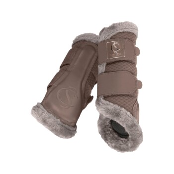 Braune Haustierstiefel mit weichem Fellfutter und verstellbaren Riemen, mit dem Eskadron-Logo auf einem Patch.