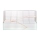 A spacious, modern pet cage with a metal wire frame and wooden platforms, featuring a glass base and a ramp for easy access.