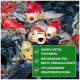 Koi-Fische schwimmen im Wasser mit einer grünen Box, die Vorteile auflistet: hoher Fischmehlanteil, Weizenkeim für die Verdaulichkeit und revitalisierende Kräutermischung.