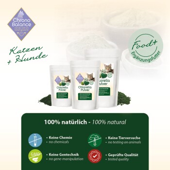 Chlorella-Pulver für Haustiere von ChronoBalance, mit drei Verpackungen mit einem Katzenbild und Ansprüchen von 100% natürlich, keine Chemikalien, keine GVO, keine Tests.