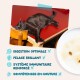 Chat noir endormi sur une table rouge ; liste en français : digestion, pelage brillant, immunité renforcée (cochés) ; compétences en couture barrées.