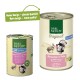 Zwei Dosen Haustierfutter von Real Nature: eine grüne Dose mit der Aufschrift "Junior" und einem rosa Etikett, und eine beige Dose mit der Aufschrift "Original" mit "Kanichen & Pute."