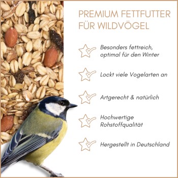 Supravit Premium-Fettfutter für Vögel im Winter, zeigt Mischsaaten und Nüsse mit einer Vogelillustration.