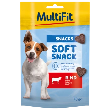 MultiFit Soft Snack for dogs, 70g package, featuring heart-shaped beef treats. Text in multiple languages highlights softness and juiciness.