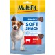 MultiFit Soft Snack for dogs, 70g package, featuring heart-shaped beef treats. Text in multiple languages highlights softness and juiciness.