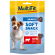 MultiFit Soft Snack für Hunde, 70g-Packung, mit herzförmigen Rindfleisch-Leckerlis. Text in mehreren Sprachen hebt Weichheit und Saftigkeit hervor.