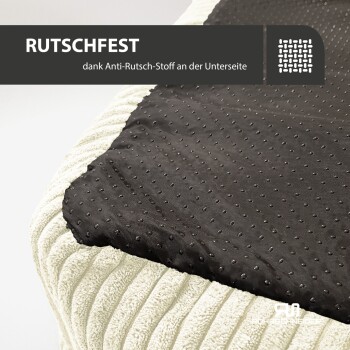 Cremefarbener und schwarzer rutschfester Haustierbettbezug mit strukturiertem Untergrund. Text: "RUTSCHFEST dank Anti-Rutsch-Stoff an der Unterseite."