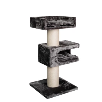 Grauer Plüsch-Katzenbaum mit drei Ebenen, mit zwei gemütlichen Schlafbereichen und einem Kratzbaum in der Mitte.