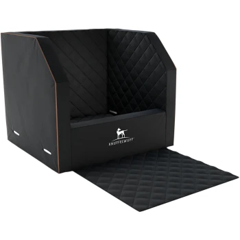 Schwarzes Hundebett mit hohen Seiten und einem gesteppten Design, mit dem Logo "KNUFFELWUFFF" auf der Vorderseite.