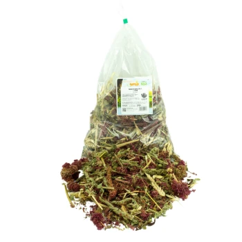 Snackvielfalt-Tüte 150g Eine durchsichtige Plastiktüte gefüllt mit bunten getrockneten Kräutern und Blumen, beschriftet mit 'Snackvital' und sichtbaren Nährwertinformationen.