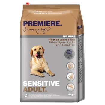 Emballage de nourriture pour chiens étiqueté "Premiere" avec le texte "Sensitive Adult" et "Riche en Agneau & Riz," présentant une taille de 4 kg.