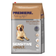 Emballage de nourriture pour chiens étiqueté "Premiere" avec le texte "Sensitive Adult" et "Riche en Agneau & Riz," présentant une taille de 4 kg.