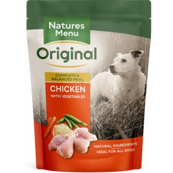 Natures Menu Original Chicken with Vegetables pet food packaging, showcasing raw chicken, carrots, and green beans as a balanced meal.