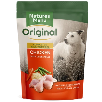 Natures Menu Original Chicken with Vegetables pet food packaging, showcasing raw chicken, carrots, and green beans as a balanced meal.