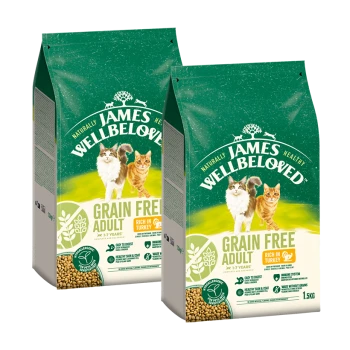 Zwei Beutel James Wellbeloved Grain Free Adult Katzenfutter, jeweils 1,5 kg, mit einer weißen Katze und einer orangefarbenen Tabby auf der Vorderseite.