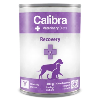 Boîte de nourriture vétérinaire Calibra Diets Recovery pour chiens et chats, 400 g, présentant un design violet avec un symbole vétérinaire et des allégations de preuve clinique.
