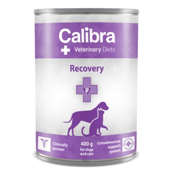 Calibra Veterinary Diets Recovery-Dose für Hunde und Katzen, 400 g, mit einem lila Design und einem veterinärmedizinischen Symbol sowie klinischen Nachweisen.