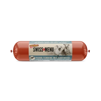 DeliBest Swiss Menu Pferd-Terrine mit Kartoffel, ein rotes, wurstförmiges Haustierfutterpaket mit zwei Hunden auf dem Etikett.