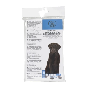 Package of TAKE CARE replacement liners for protective pants, featuring a black dog on the front and multilingual product information.