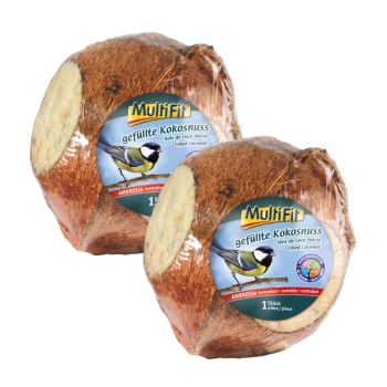 Twee gevulde kokosnoten van het merk MultiFit, verpakt in doorzichtig plastic. Het etiket bevat een kleine vogelillustratie en tekst in het Duits en Frans.
