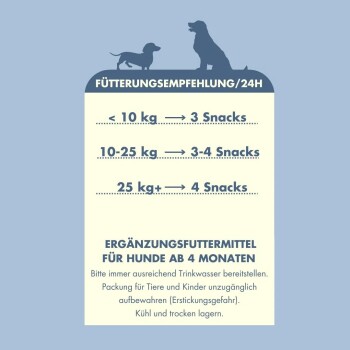 Fütterungsempfehlungen für Hundesnacks basierend auf dem Gewicht: <10 kg - 3 Snacks, 10-25 kg - 3-4 Snacks, 25 kg+ - 4 Snacks.
