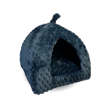 Navy blue plush dome pet cave bed with textured waffle pattern, triangular entrance and small top loop.
