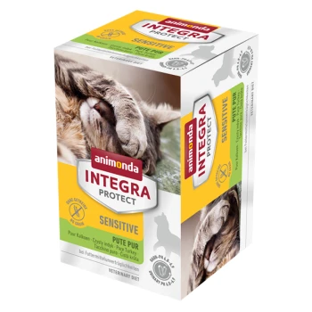 INTEGRA PROTECT Adult Sensitive Pute pur 6 x 100 g Eine Schachtel Animonda Integra Protect Sensitive Katzenfutter mit einem Nahaufnahmebild einer entspannten Katze auf der Vorderseite, mit "SENSITIVE" deutlich angezeigt.