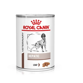 Nourriture en conserve pour chien de Royal Canin, étiquetée "Hepatic," présentant une texture en pain et une image d'un chien sur le devant.