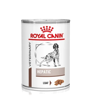 Blik hondenvoer van Royal Canin, gelabeld 'Hepatic,' met een broodachtige textuur en een afbeelding van een hond op de voorkant.